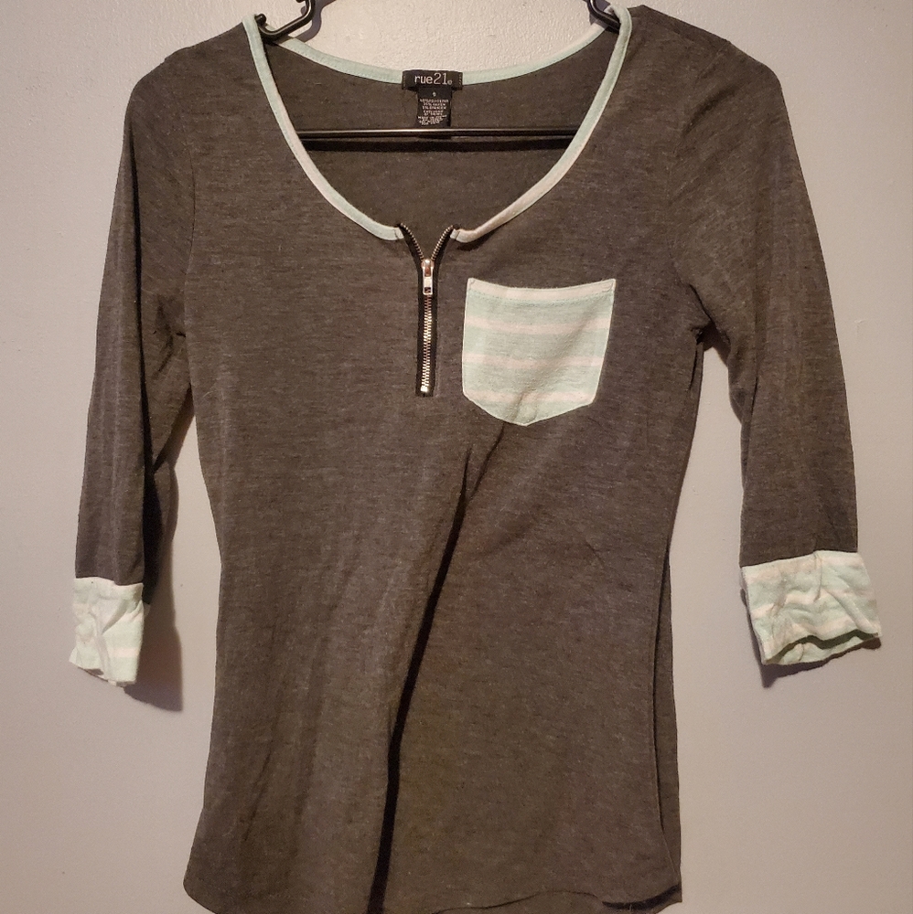 Rue 21 Heather Grey and Teal half sleeved shirt